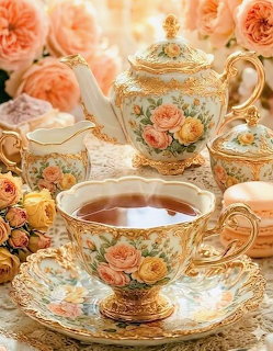 Ornate floral tea set with teacup, teapot, creamer, sugar bowl, and pastel roses on lace
