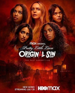 Poster with five young women over a red background and a dark street scene below