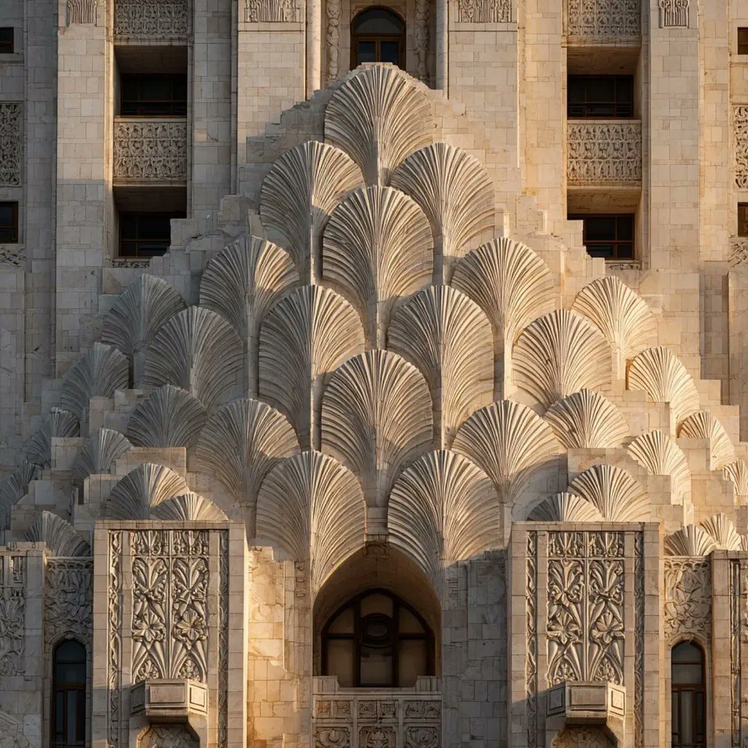 Ornate stone building facade with layered shell-like carvings and arched windows