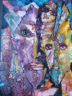 Colorful mixed media abstract painting of multiple fragmented human faces in purple, blue, and yellow tones