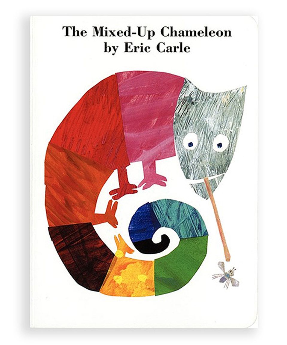 Book cover of The Mixed-Up Chameleon by Eric Carle showing a colorful collage chameleon curled in a spiral