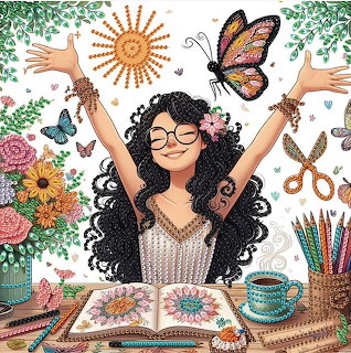 Smiling woman with curly hair at desk with art supplies, flowers, butterflies, and coloring book
