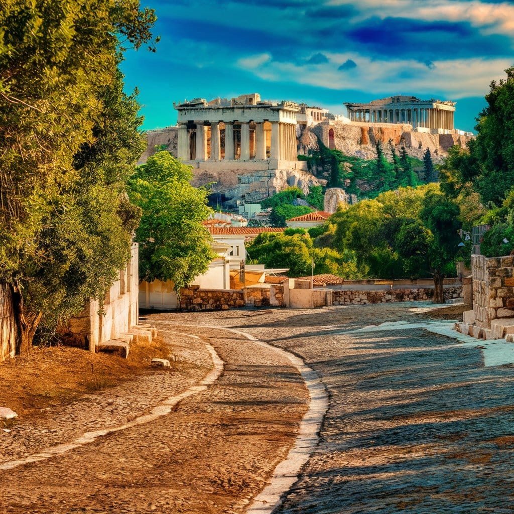 View of the Acropolis in Athens, Greece, with stone path and trees in foreground under blue sky