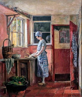 Oil painting showing woman in kitchen preparing chicken at table near window with basket and rustic furnishings