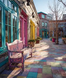Colorful storefronts along a patterned tile plaza walkway with a wooden bench under clear blue sky