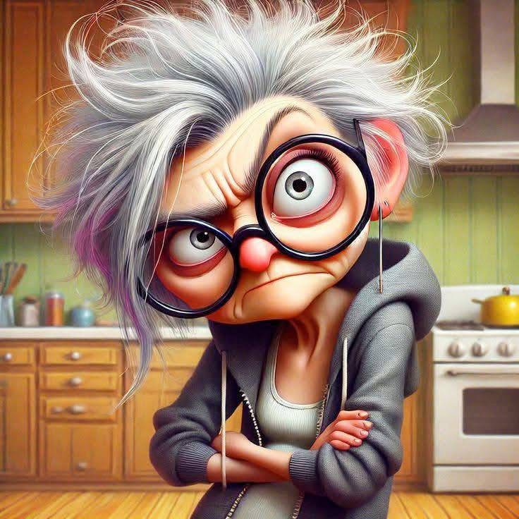 Cartoon elderly woman with magnifying glass and wild white hair in kitchen