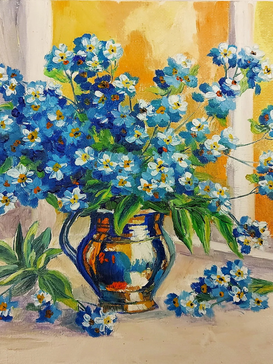 Painting of blue forget-me-not flowers in a ceramic vase with warm background colors