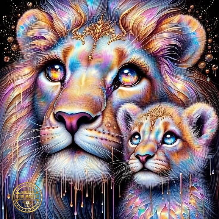 Rainbow-colored lion with cub in vibrant digital art style against starry background