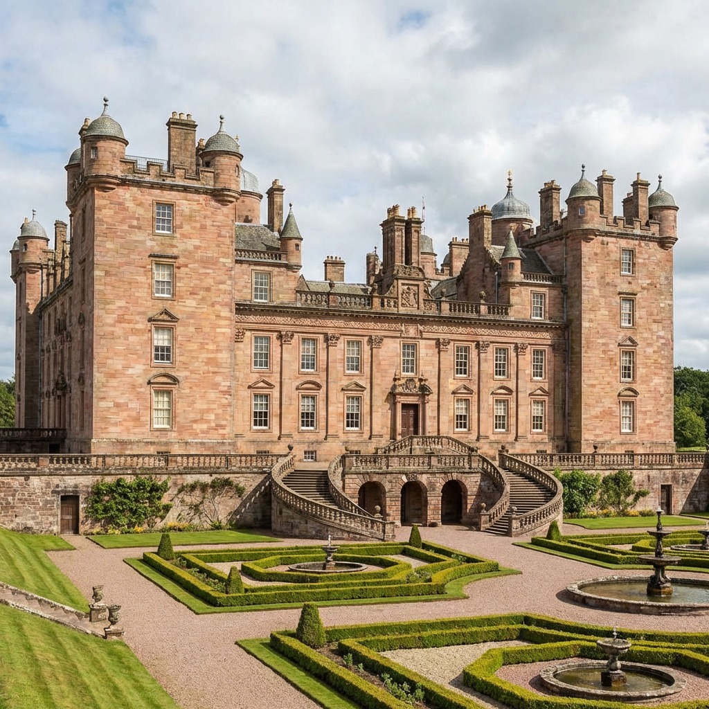 Drumlanrig Castle viewed from the front with formal hedged gardens and fountains
