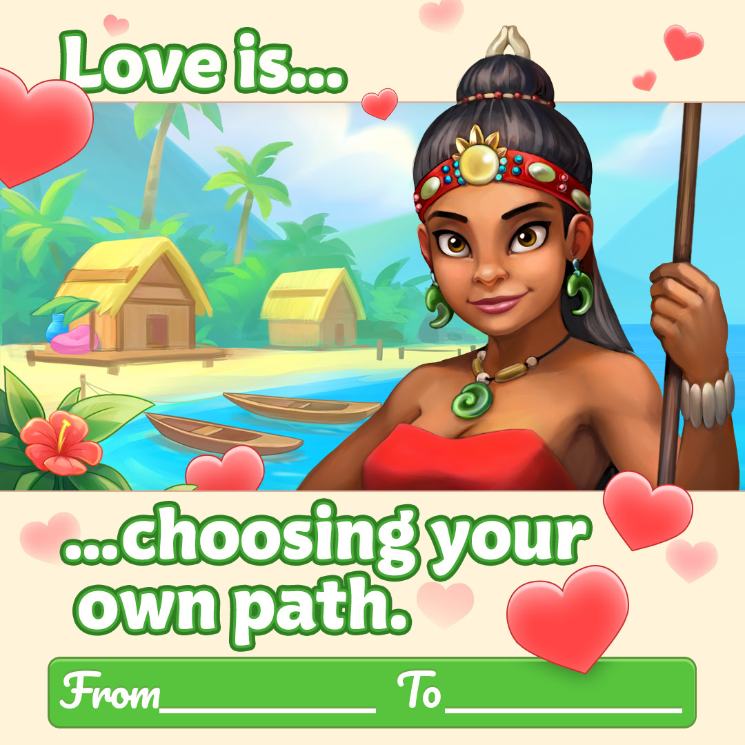 Cartoon woman with spear in a tropical village scene with hearts and the text about choosing your own path