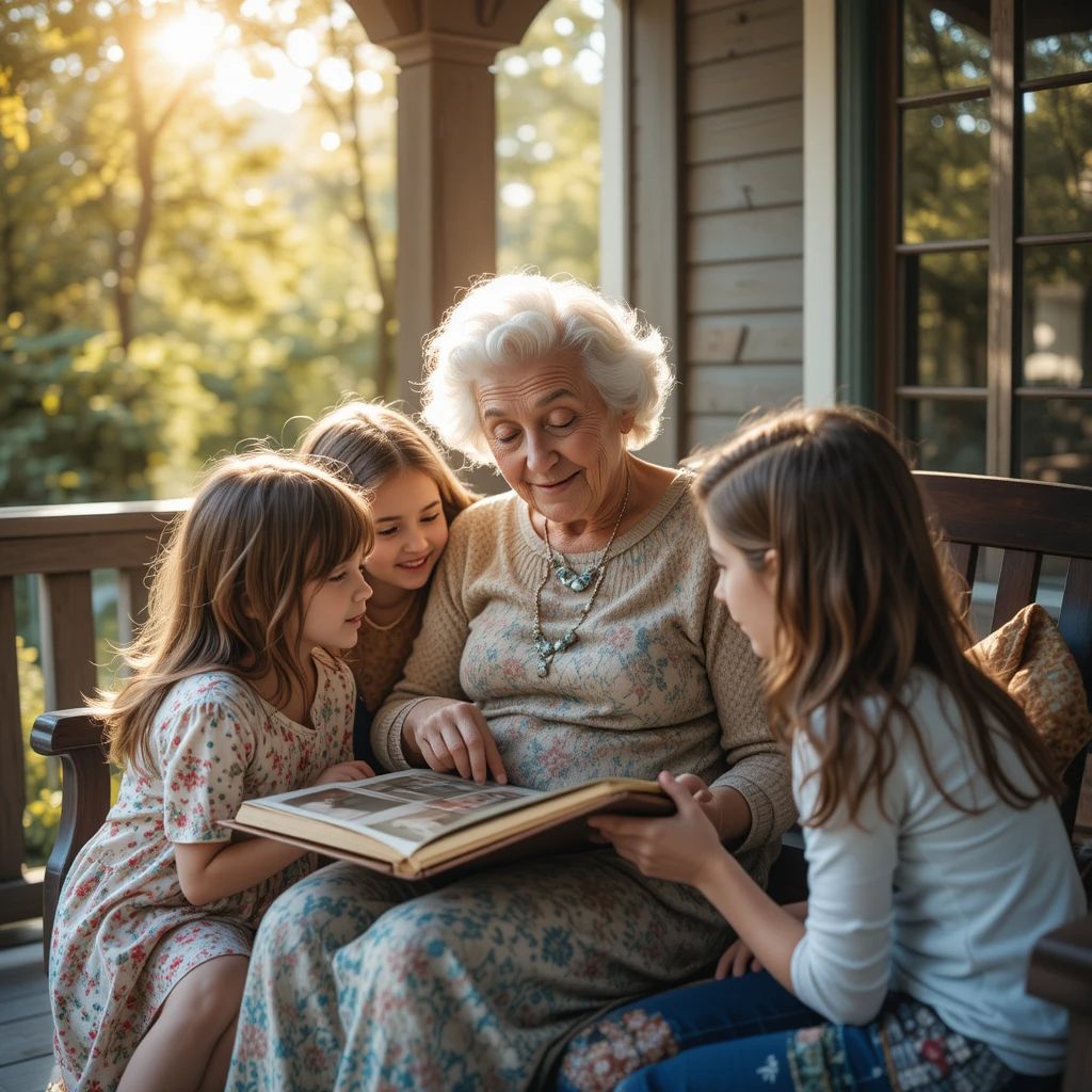 Grandmother and three girls sitting on a porch looking at a photo album together