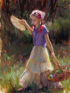 Impressionist painting of girl in purple top and white skirt holding flower basket in sunlit garden
