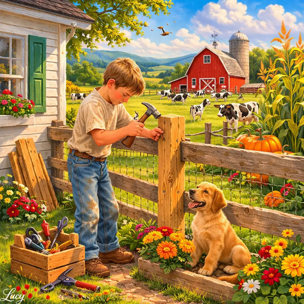 Boy reading book by fence on farm with puppy, red barn, and cows in background