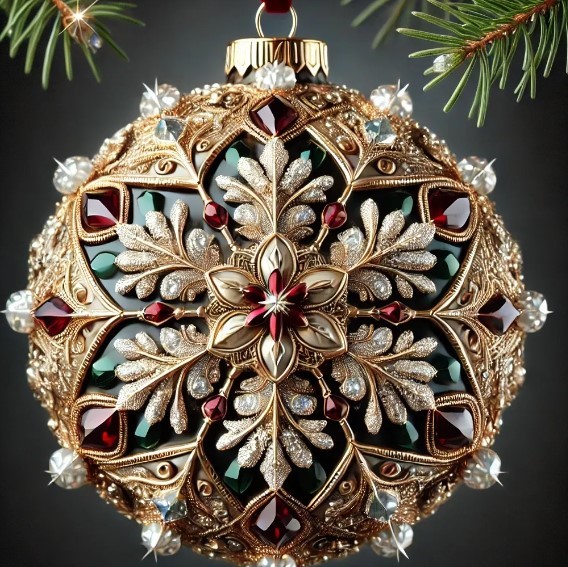 Ornate gold Christmas ornament with jeweled snowflake pattern and pearl details on dark background with pine branches