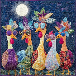 Five colorful quilted birds under a bright moon in patchwork textile art