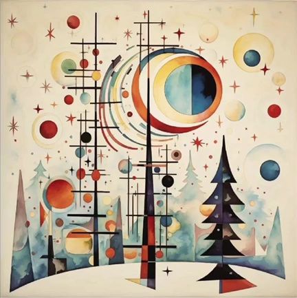 Abstract Kandinsky-style painting with geometric shapes, colorful spheres, and stylized Christmas trees