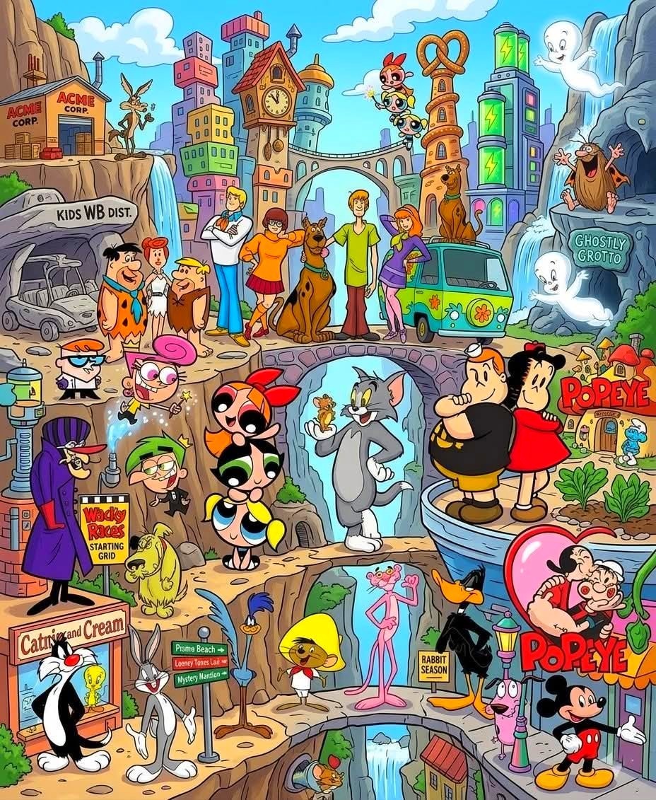 Colorful collage of classic cartoon characters in a whimsical animated city setting