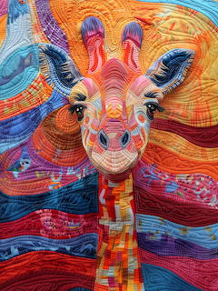 Colorful fabric art of a giraffe with swirling quilted patterns in vivid orange, blue, and purple tones