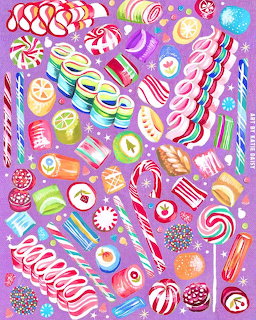 Colorful illustration of various candies, lollipops, candy canes, and sweets on a purple background