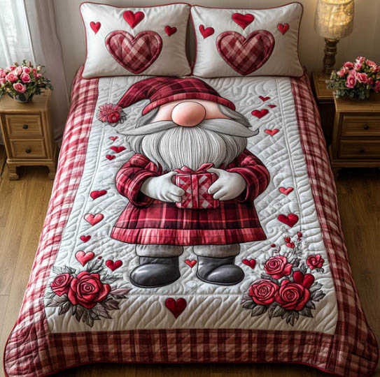 Quilted bed cover with red plaid Valentine gnome character and heart decorations on white background