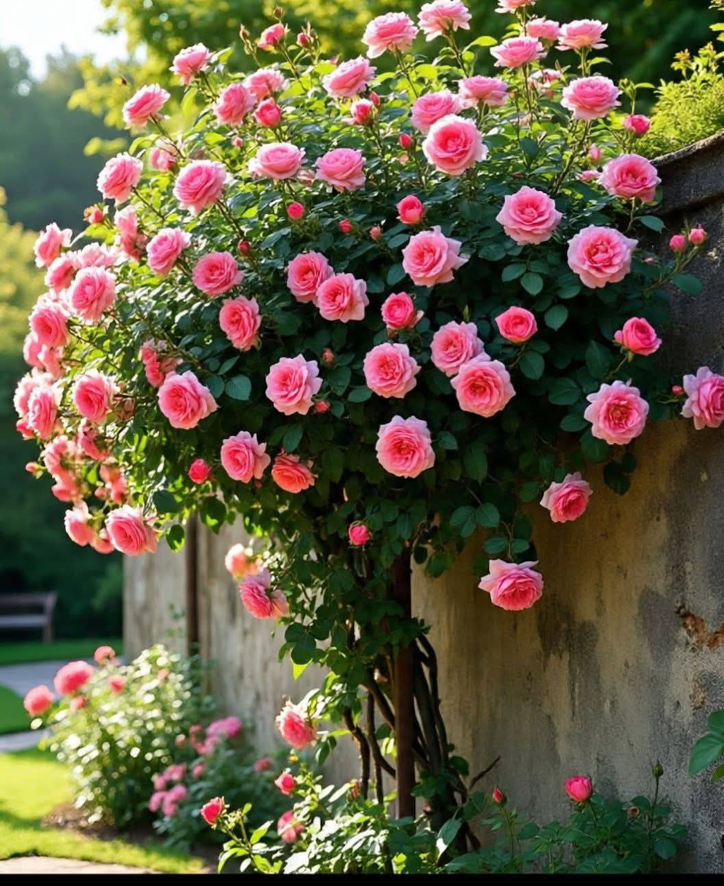Large climbing rose bush with many pink roses growing over a stone wall in a sunny garden