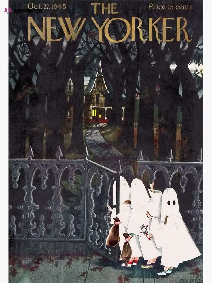 1945 New Yorker Halloween cover with children in ghost costumes walking past a dark haunted house at night