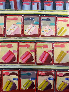 Painting of store shelves filled with boxed cake mixes and baking products