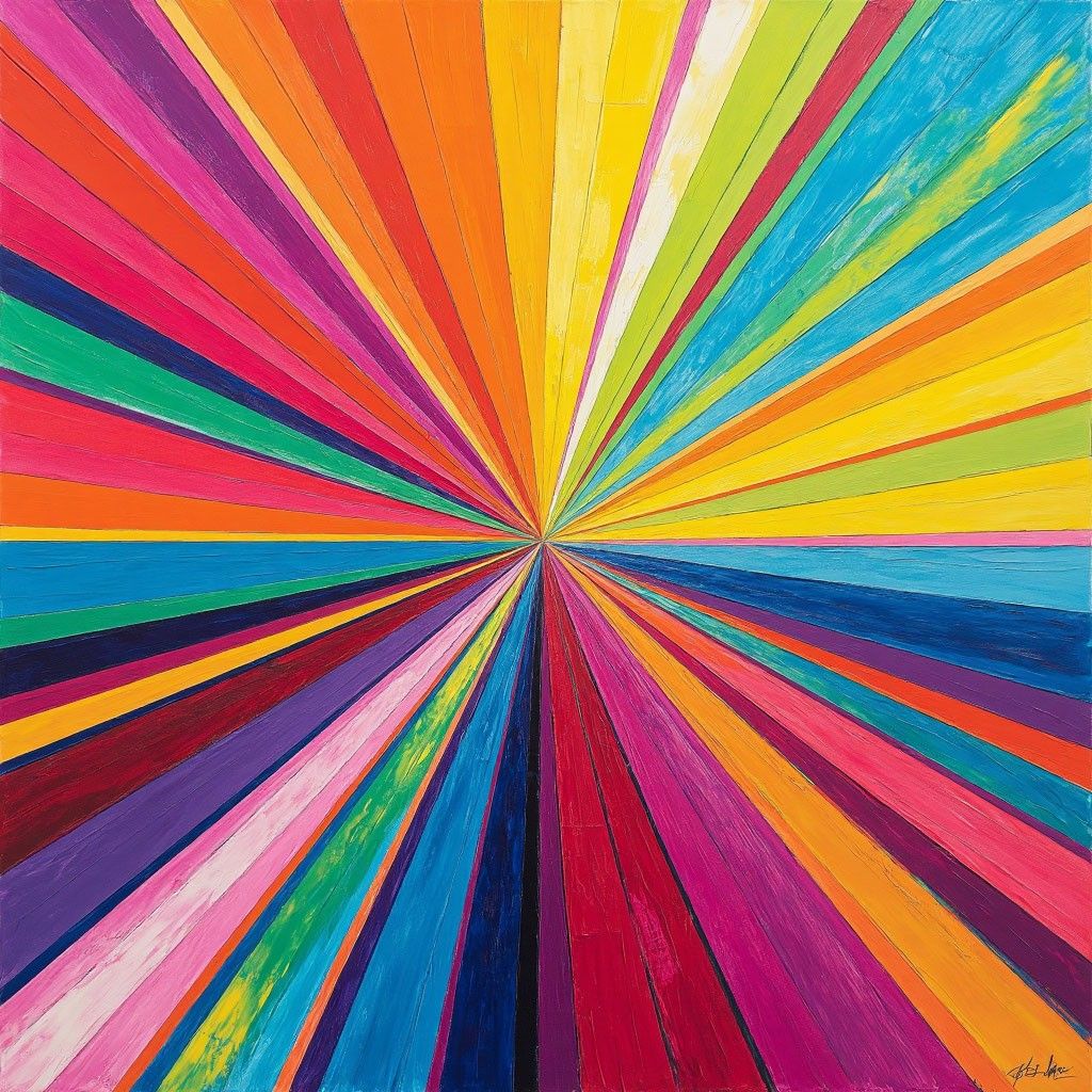 Abstract painting with colorful rays radiating outward from the center