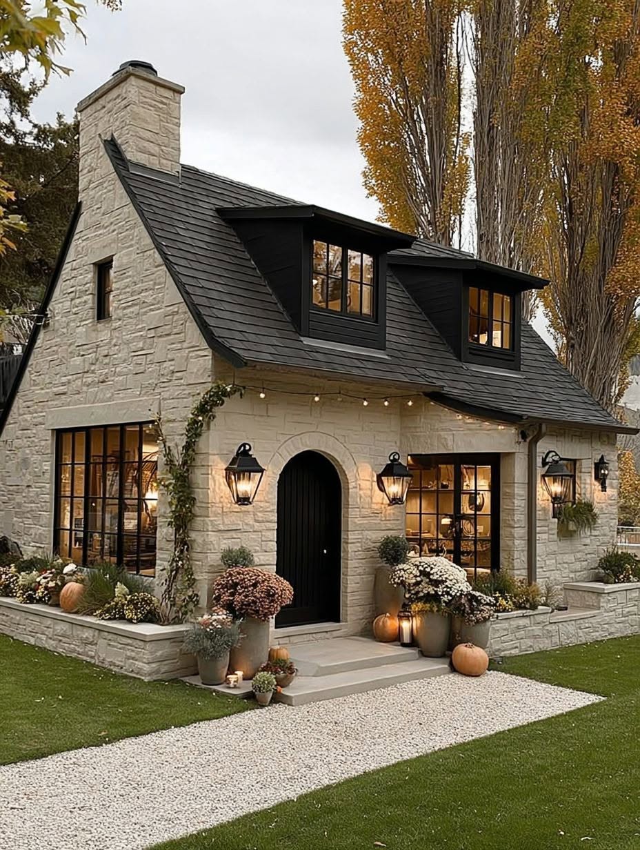 Stone cottage house with pumpkins by the entrance and tall autumn trees behind it