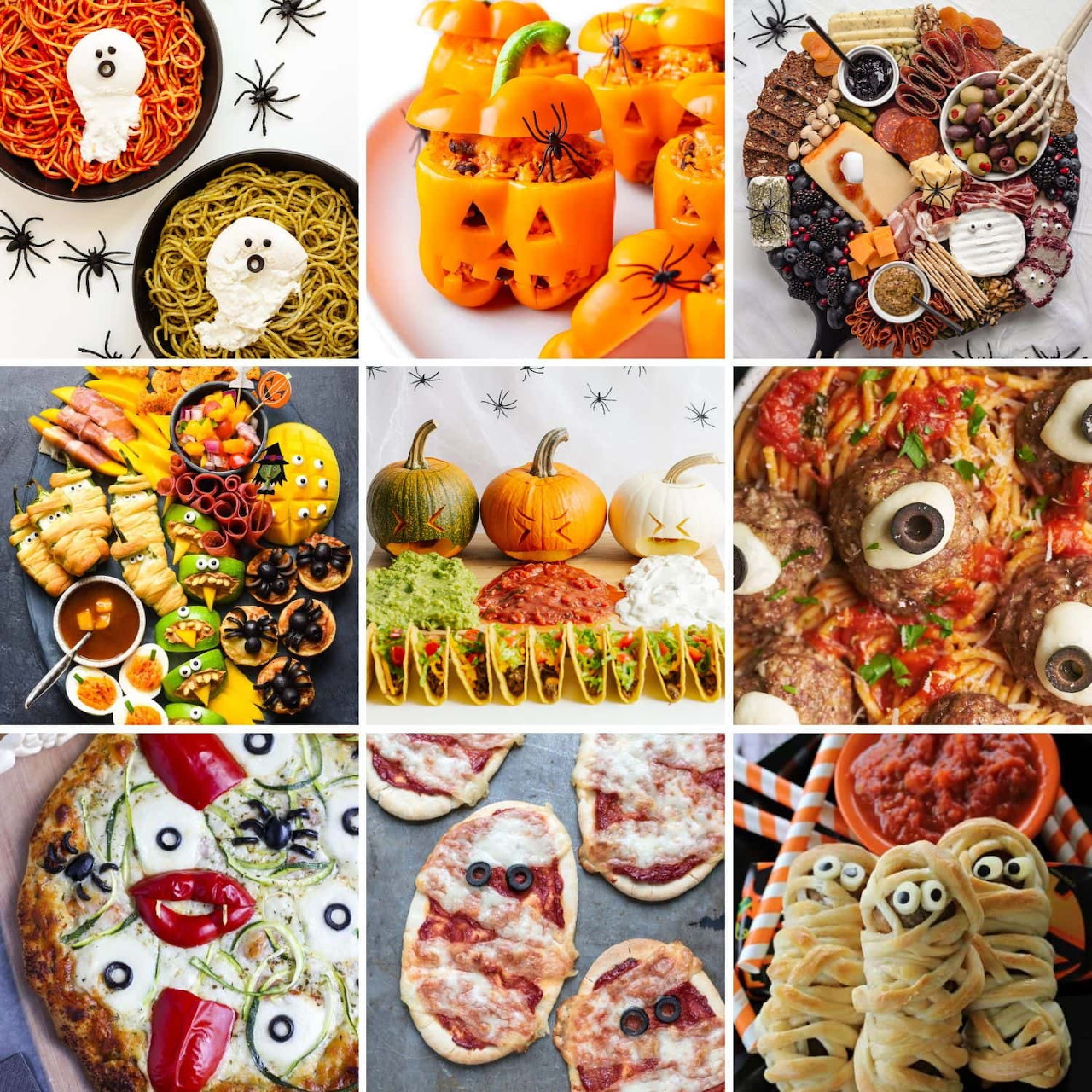 Grid of nine Halloween party food photos showing themed appetizers, snacks, and decorated dishes