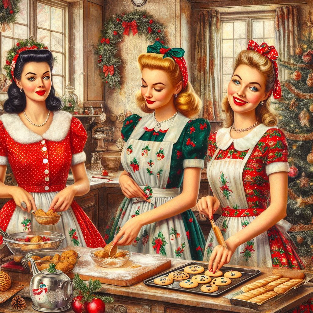 Three women in retro 1950s dresses baking cookies in a festive Christmas kitchen with wreaths and holiday decorations