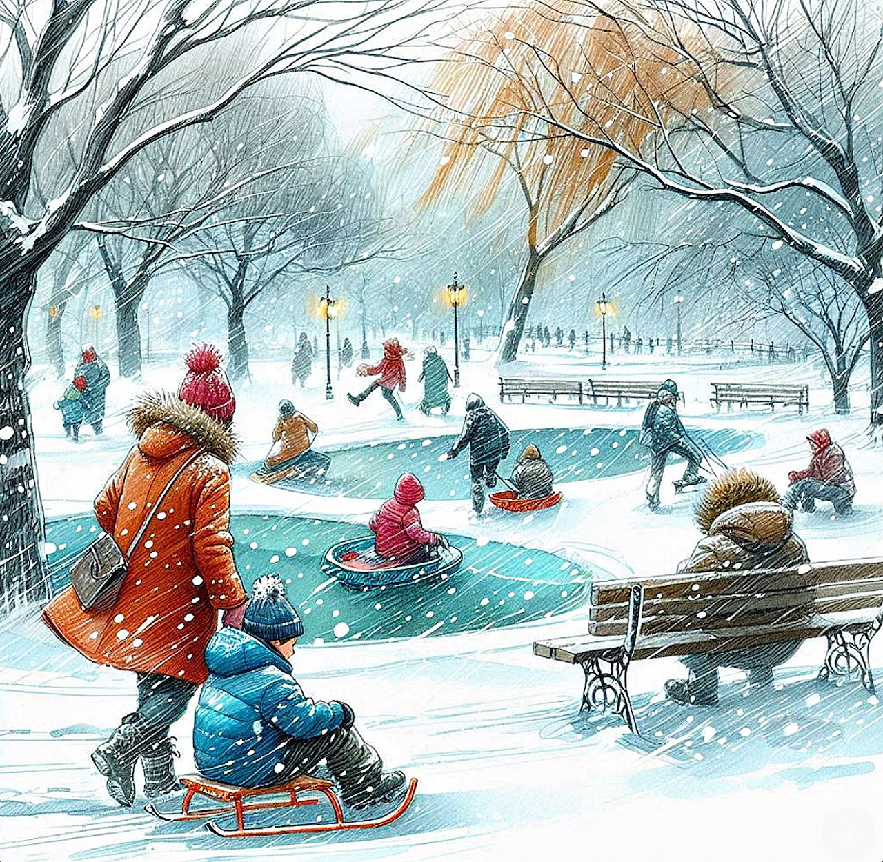Illustrated snowy park with children sledding and skating near a frozen pond