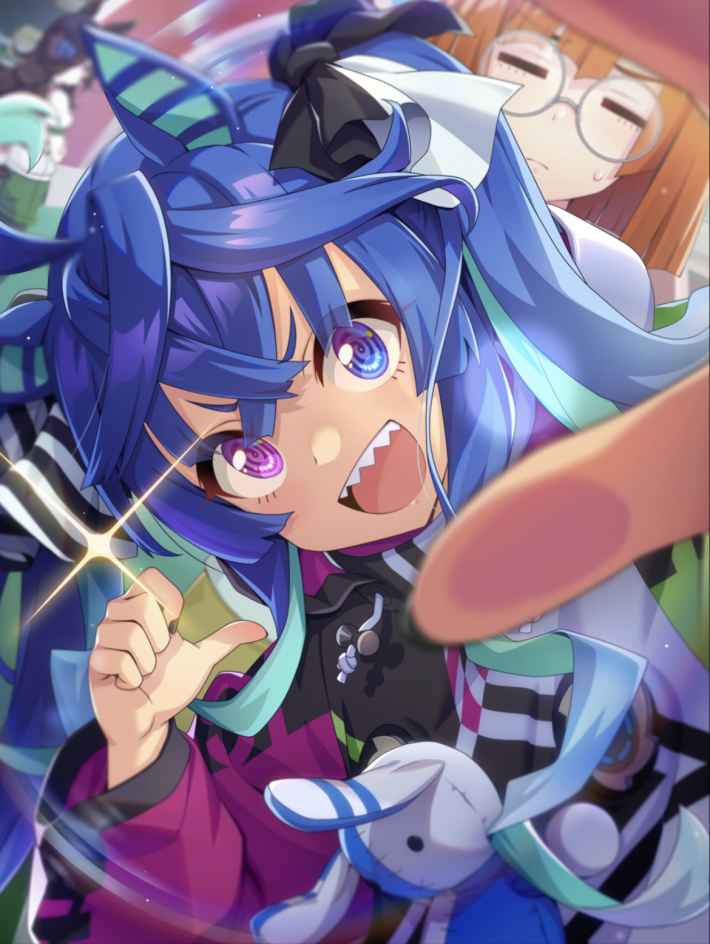 Blue-haired anime horse girl character from Uma Musume with purple and pink eyes in a dynamic pose