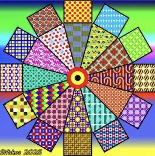 Circular wheel of colorful geometric patchwork patterns radiating from yellow center on rainbow gradient background