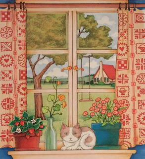 White cat lying on windowsill with flowers and patterned curtains, countryside visible through window