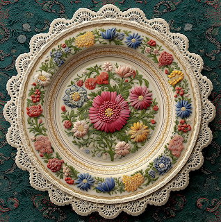 Decorative plate with raised floral design and ornate lace edge on dark teal background