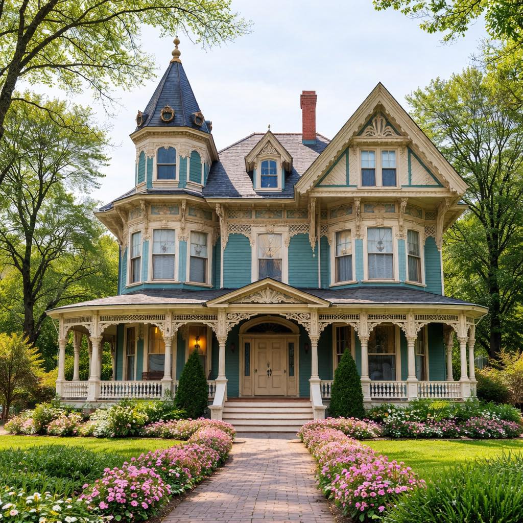 Large Victorian house with blue-gray siding, turret, wraparound porch, and landscaped garden with pink flowers