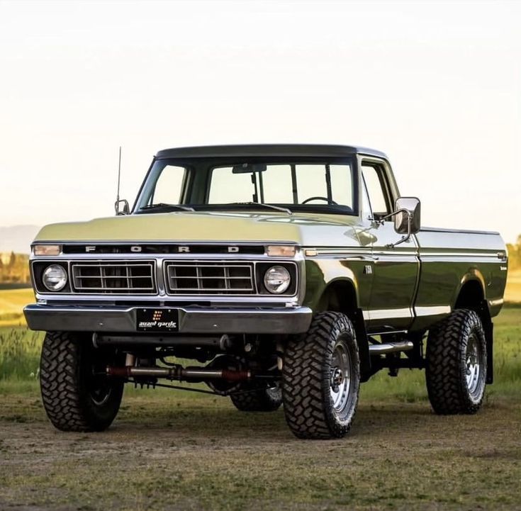 Black and white vintage Ford pickup truck with lifted suspension parked on grass