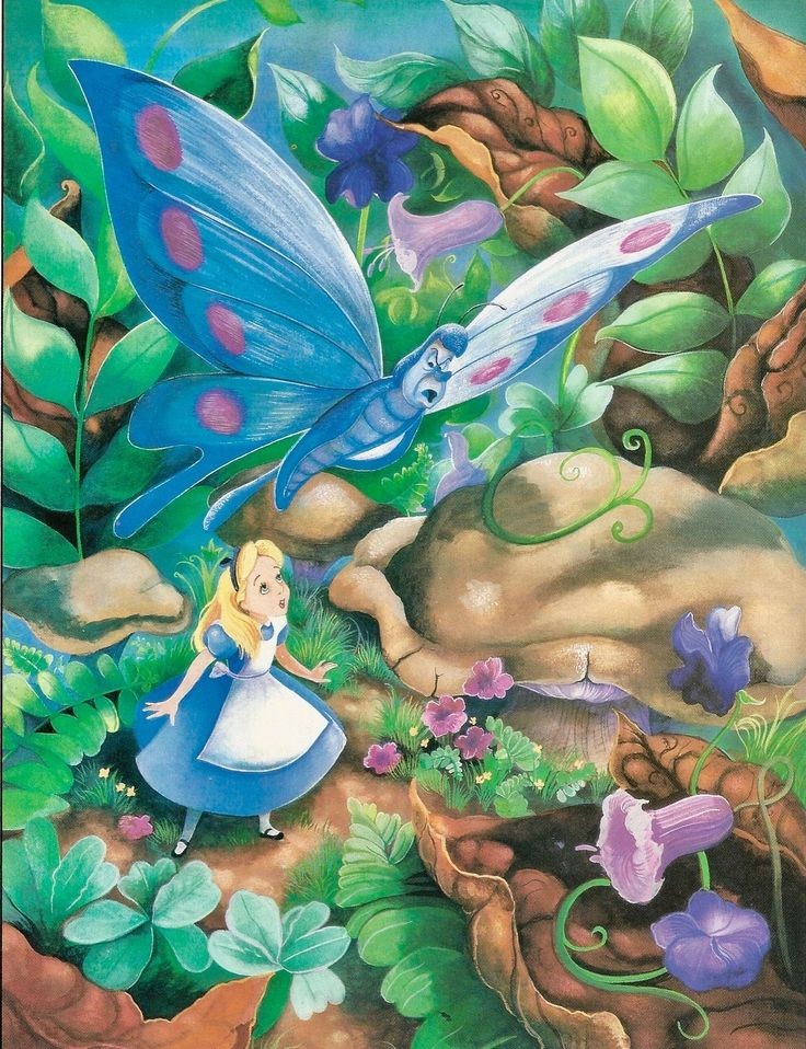 Alice in blue dress in enchanted garden with oversized butterflies and vibrant flowers