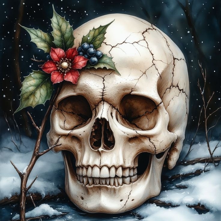 Skull with Holly Berries