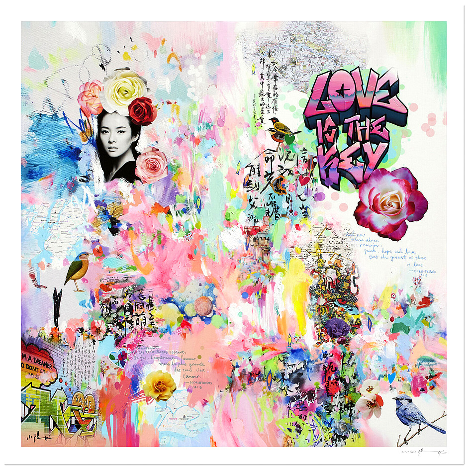 Colorful mixed-media collage with portraits, flowers, graffiti text, and abstract paint splashes