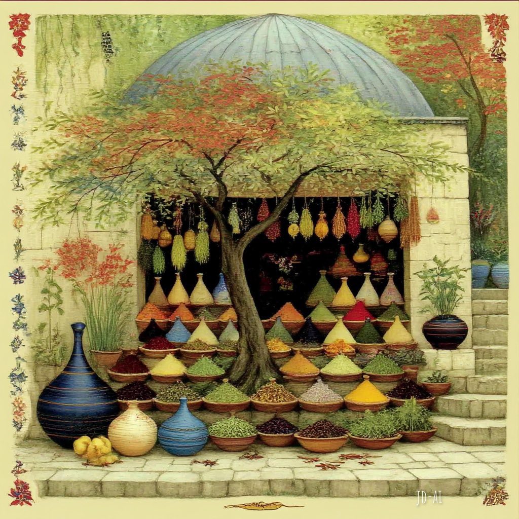 Market stall with colorful spice bowls, decorative tent, pottery, and red autumn tree under domed structure
