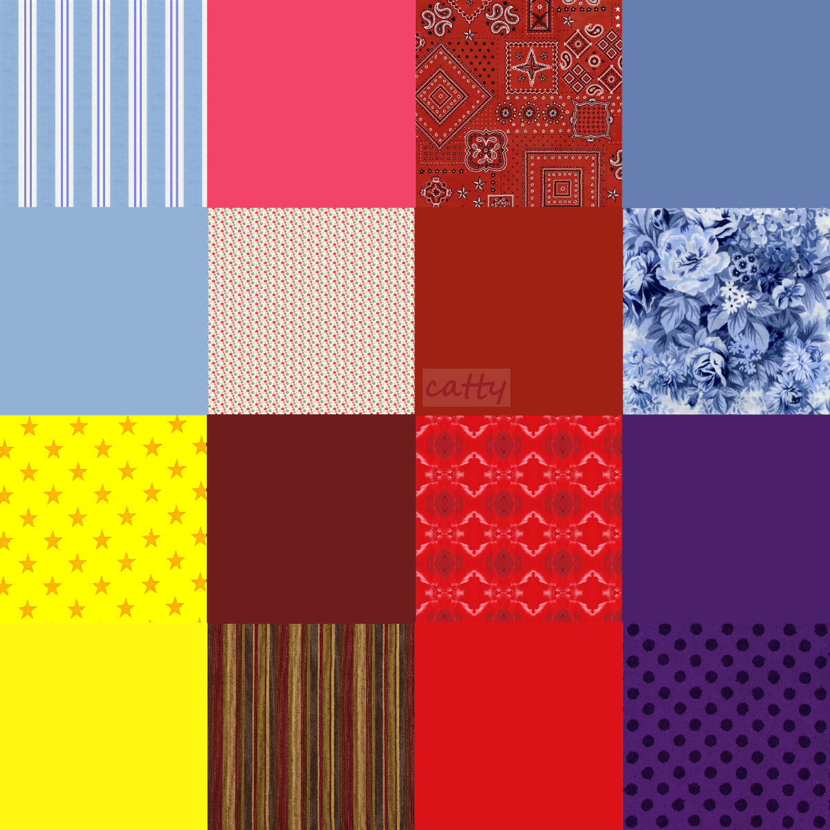Colorful patchwork quilt with diverse fabric patterns including stripes, florals, dots, and bandanas