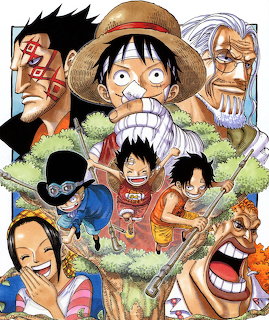 Colorful anime collage of One Piece characters with Luffy in straw hat at center surrounded by crew members