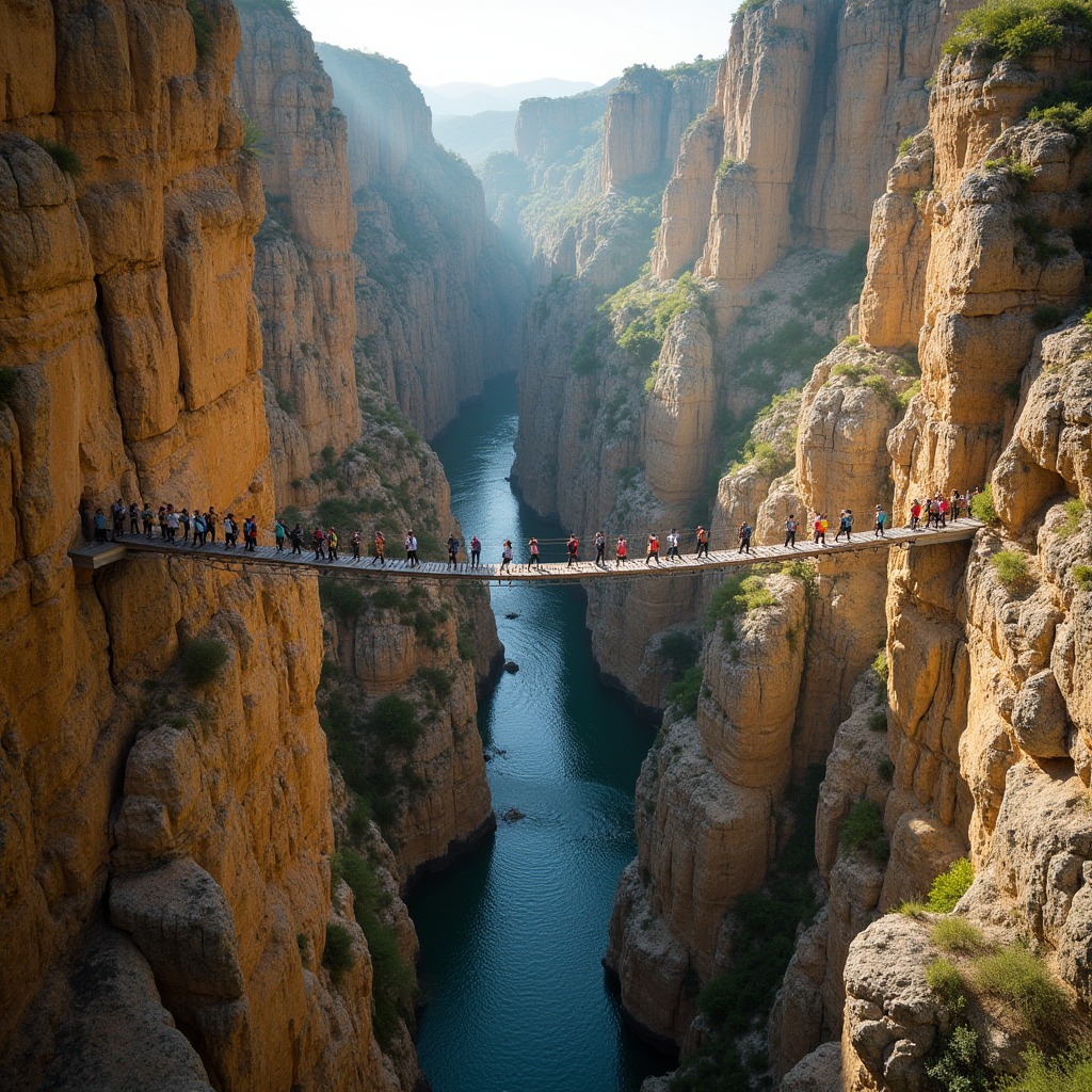 Suspension footbridge crossing a steep canyon above a river at El Caminito del Rey