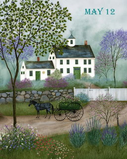 Painting of a white farmhouse with green shutters behind a stone wall, horse and carriage, bloming spring trees