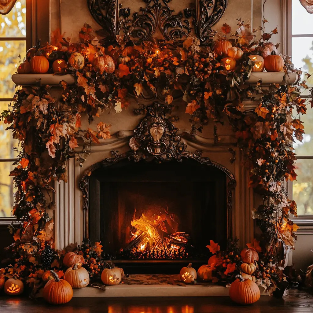 Ornate fireplace with a lit fire, autumn garlands, and pumpkins arranged around the mantel and hearth