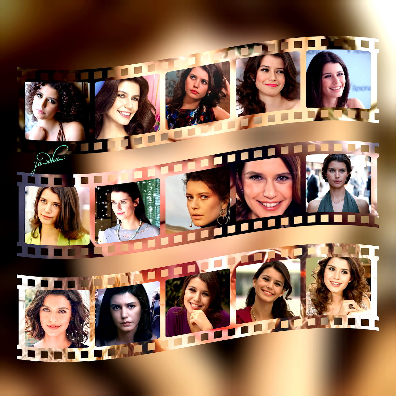 Portrait collage of Beren Saat on three curling film strips over a brown background