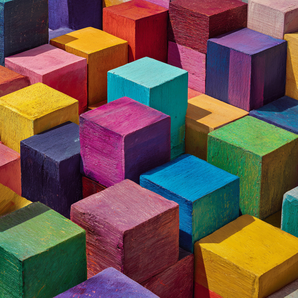 Colorful painted wooden cube blocks stacked together in various bright colors