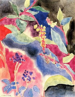 Colorful watercolor painting of tropical leaves and flowers with red, blue, and green foliage
